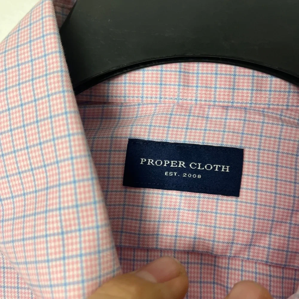 Proper Cloth Button Down Shirt Mens XL Pink Blue Plaid Short Sleeve Business